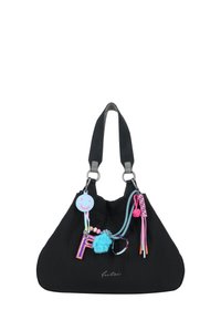 Schwarze Stoff-Handtasche mit geschwungener Form, silbernem Zubehör und bunten Anhängern, darunter ein Smiley, Perlen und eine flauschige Akzentuierung.