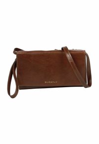 Sac en cuir marron à bandoulière avec un design slim, une sangle réglable et un logo doré "BURKELY" sur le rabat avant.