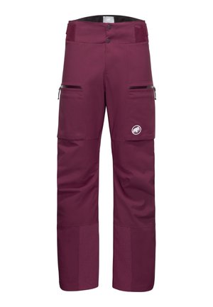 Bourgogner udendørsbukser med lynlåslommer på lårene, forstærket stof på underbenene, knaplukning og lille hvid mammutlogo på højre ben.