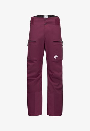 Bourgogner udendørsbukser med lynlåslommer på lårene, forstærket stof på underbenene, knaplukning og lille hvid mammutlogo på højre ben.