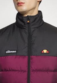 Närbild på en person som bär en svart och lila zip-up jacka med "ellesse"-logotypen och emblem på bröstet samt på dragkedjeförslutningen.