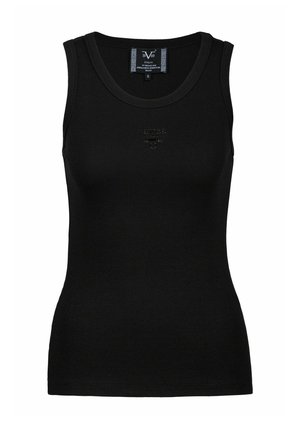 Schwarzes geripptes Tanktop mit rundem Halsausschnitt und ärmellosem Design. Dezentes Logo-Detail in der Mitte. Aus dehnbarem Stoff hergestellt.