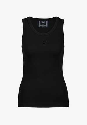 Zwarte geribbelde tanktop met ronde halslijn en mouwloos ontwerp. Subtiele logo-details nabij het midden. Gemaakt van rekbare stof.