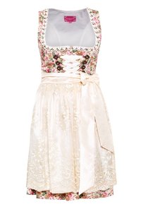 Abito a motivo floreale con corpetto aderente, allacciatura frontale e cintura in raso beige. La gonna ha un sovrapposto trasparente con ricami floreali e una leggera fodera.