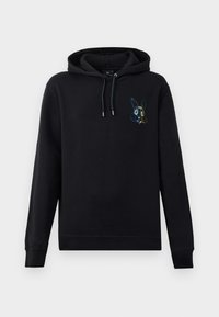 Juodas įstrižinis džemperis, pagamintas iš medvilnės mišinio, su priekinėmis kišenėmis, su kapišonu, jungiami virvute, ir spalvota zuikio grafika kairėje krūtinės pusėje.