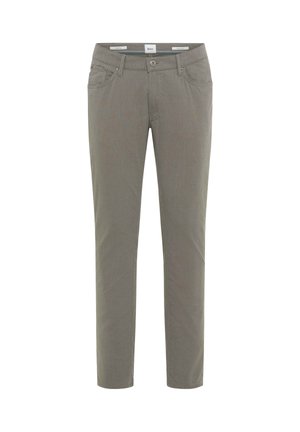 Schmal geschnittene graue Herrenhose mit vorderem Knopf, Gürtelschlaufen und Seitentaschen, vor weißem Hintergrund präsentiert.