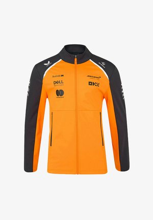 Pomarańczowa i czarna kurtka na zamek z kołnierzem stającym. Posiada nadruki z logo, boczne kieszenie i kontrastowy design na rękawach.