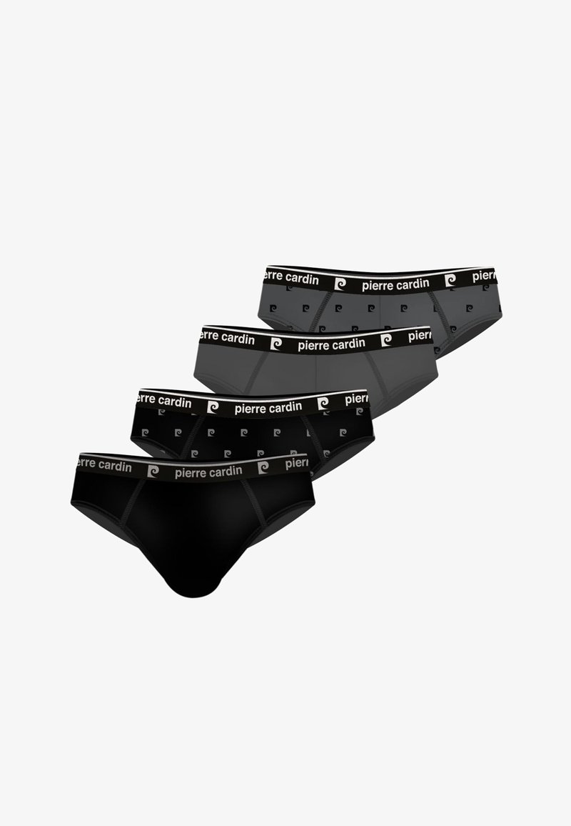 Quatre slips pour hommes en noir et gris foncé avec des ceintures noires portant la marque "pierre cardin" en texte blanc.