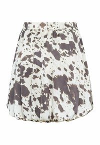 Plisseret mini skirt i hvidt stof med sort og brunt plettet mønster. Elastisk talje og struktureret overfladedetaljering.