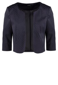 Giacca blu navy con un motivo testurizzato, maniche corte e scollatura rotonda. Presenta un'apertura frontale e un rivestimento interno nero liscio.