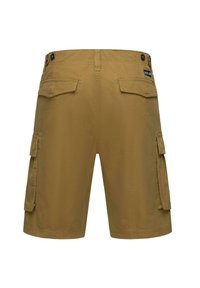Khaki cargo šortky s několika bočními kapsami, zapínáním na knoflík a vyztuženým švem. Měkká, odolná tkanina s lehkou texturou.