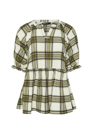 Groen en witte geruite blouse met een ontspannen pasvorm, korte pofmouwen, een V-hals en een gathered taille detail. Geweven stof.