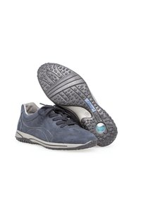Navy blue suede sneakers with grey accents, textured rubber soles, laces, and padded collar; features logo and cushioned insole for comfort.