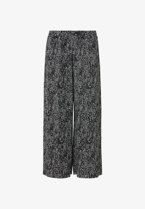 Černobílé vzorované culotte kalhoty s elastickým pasem, které mají geometrický design a lehký materiál.