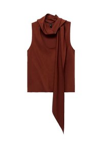 Top senza maniche marrone con scollo a cowl drappeggiato e dettagli di una lunga sciarpa fluente. Texture morbida e finitura liscia, progettato per una vestibilità rilassata.