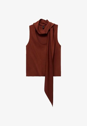 Brown sleeveless top with a draped cowl neck and a long, flowing scarf detail. Soft texture and smooth finish, designed for a relaxed fit.