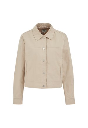 Veste courte beige à manches longues, col pointu et boutons-pression argentés à l'avant sur un fond uni.