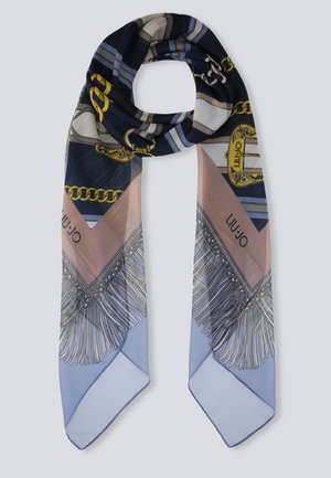 Foulard en soie avec motifs de chaînes et de pompons dans des tons bleu marine, beige, bleu et or, avec le nom de la marque Liu Jo sur le tissu.