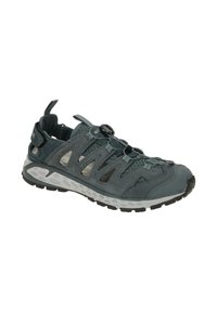 Graue Sportsandalen mit einem wasserdichten Obermaterial, Mesh-Akzenten und verstellbarem Bungee-Verschluss. Langlebige Gummisohle mit rutschfesten Eigenschaften.