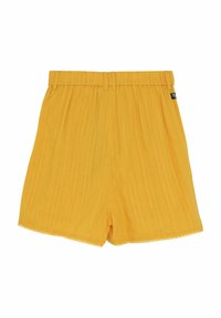Pantaloni corti gialli con strisce verticali, vita elasticizzata e pizzo lungo l'orlo. Realizzati in tessuto leggero.