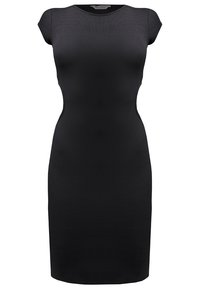 Robe noire cintrée longueur genou avec manches courtes gigot et col rond, en tissu côtelé.