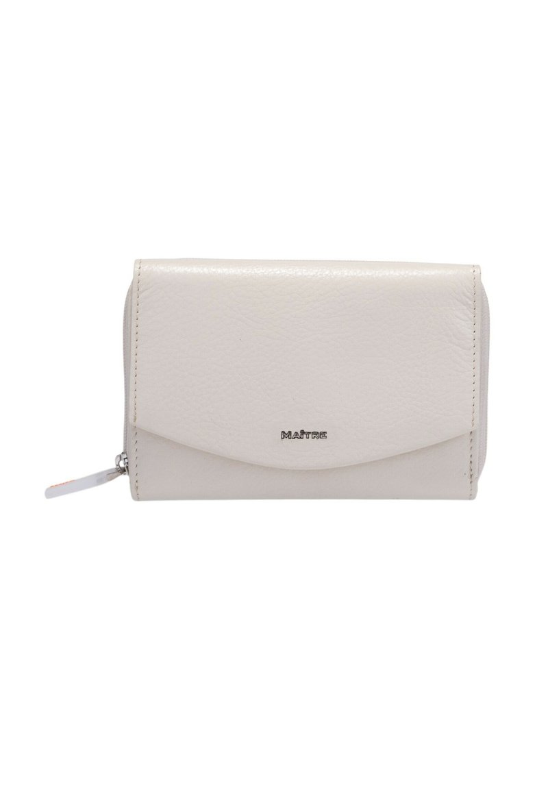 Portafoglio in pelle beige chiaro con finitura strutturata, dotato di chiusura a pattina e logo argentato. Include un compartimento con zip per monetine.
