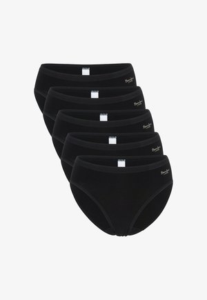 Vijf zwarte katoenen slips opgestapeld, elk met een klein wit label aan de tailleband en de tekst "Bambus by Speidel" aan de zijkant.