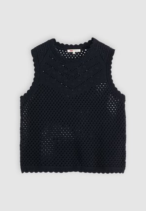 Svart stickad ärmlös svettväst med zigzag- och nätmönster, rund halsringning och scallopade kanter.