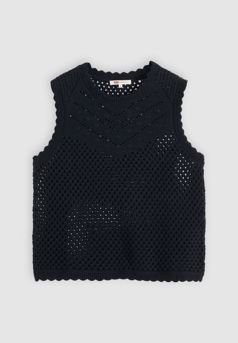 Czarna dziergana kamizelka bez rękawów z wzorem w zygzak i siateczkowymi detalami, okrągłym dekoltem i falbaniastymi brzegami.