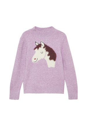 Lila trui met geribbelde kraag en manchetten, met een textuur van een glimlachend wit en bruin paardenhoofd met een klein rood hart op de neus.