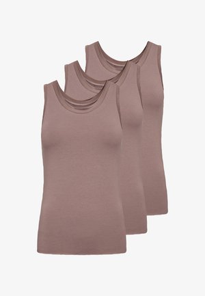 Tre ærmeløse toppe i en blød, dæmpet brun farve. Hver top har en rund halsudskæring og et glat, let stof.