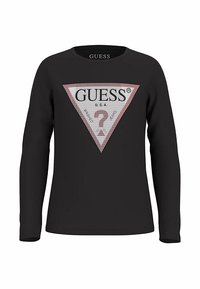 Schwarzes Langarmshirt mit einem großen dreieckigen Grafiklogo in Pink und Weiß, mit dem Text "GUESS®" und einem Fragezeichen darin.