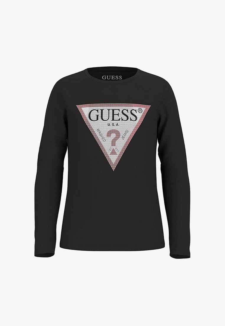 Čierna košeľa s dlhými rukávmi, ktorá obsahuje veľké trojuholníkové grafické logo v ružovej a bielej farbe, s textom "GUESS®" a otáznikom vo vnútri.