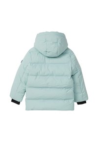 Šviesiai mėlynas pūkinis švarkas su kapisonu, turintis siuvinėtą dizainą, juodus rankogalius ir lygų paviršių. Matomų logotipų ar puošmenų nėra.