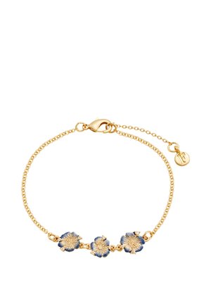 Delicate gold chain bracelet with three small blue and gold floral charms and a lobster clasp with an adjustable chain end.