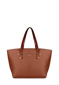 Braune Kunstleder-Tote-Bag mit zwei Trägern, goldenen Hardware-Elementen und geprägtem "VUCH"-Logo auf der Vorderseite. Flache rechteckige Form.