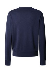 Maglione blu navy a maniche lunghe con scollatura rotonda, polsini e orlo a coste, e una trama in maglia liscia. Solo vista posteriore.