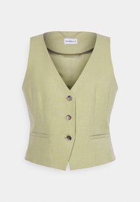 Ljusgrön väst med V-ringning, femknappsstängning och två framfickor, tillverkad av strukturerad tyg.