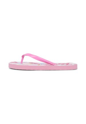 Infradito rosa con una soletta testurizzata e decorata e suola piatta. Cinghie in plastica morbida con una finitura liscia e un design semplice e funzionale.