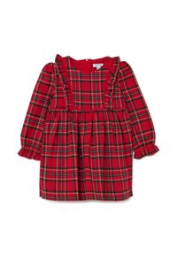 Rot- und grünkariertes Langarmkleid für Kleinkinder mit gerafftem Brustbereich und elastischen Bündchen auf einem weißen Hintergrund.