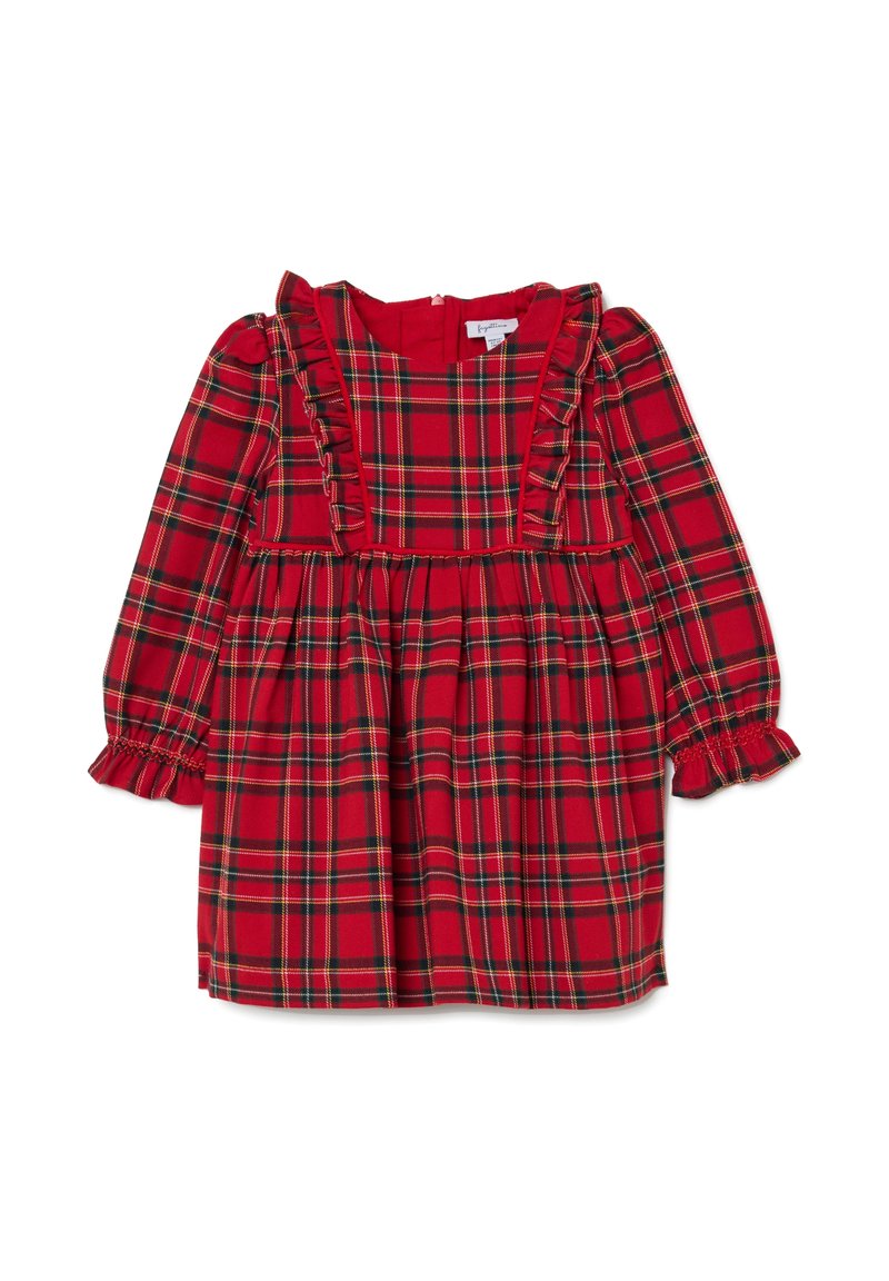 Rot- und grünkariertes Langarmkleid für Kleinkinder mit gerafftem Brustbereich und elastischen Bündchen auf einem weißen Hintergrund.