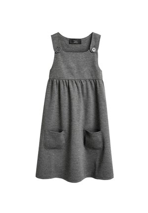 Graues, ärmelloses Kleid aus weichem Stoff, mit zwei vorderen Taschen und Knopfdetails an den Trägern. Ausgestellter Rock mit geraffter Taille.