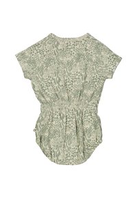 Camicia verde a fantasia con maniche corte, vita arricciata e vestibilità comoda. Il tessuto presenta un design astratto con texture diverse.