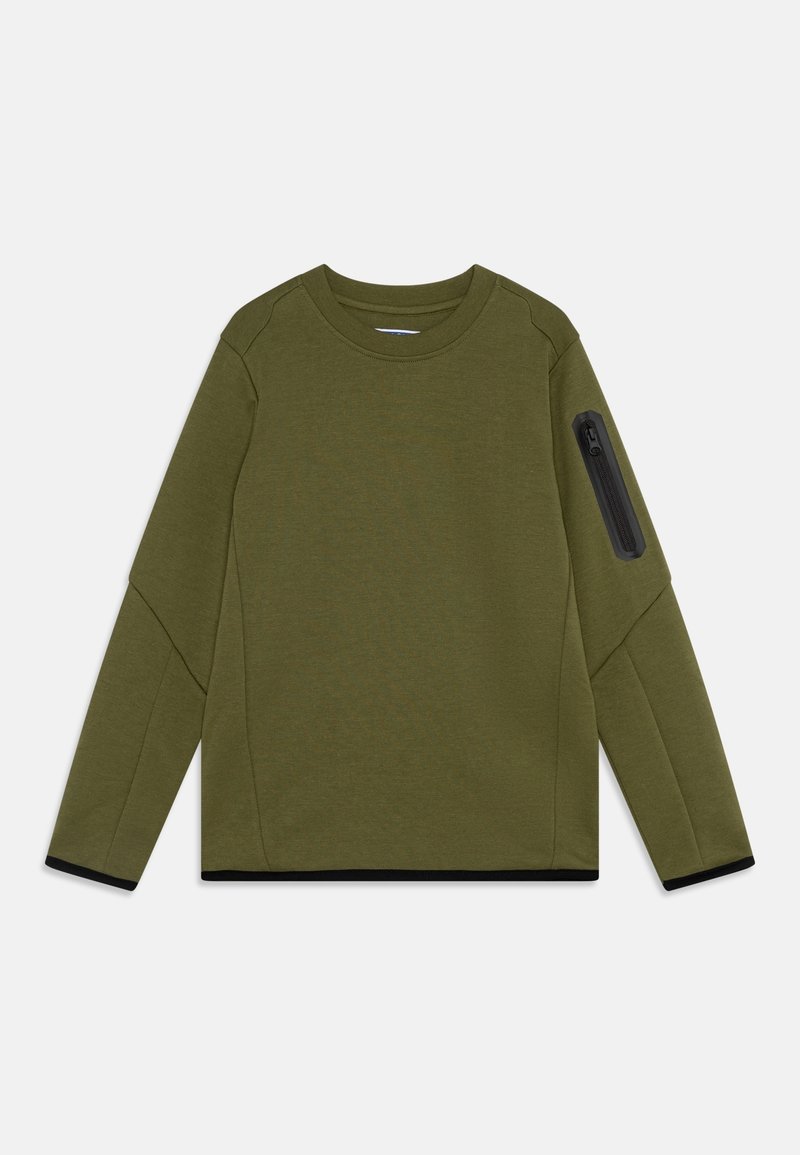 Sweat-shirt vert olive à manches longues, encolure ronde, avec une poche zippée sur le bras gauche. Bordure noire à l'ourlet inférieur.