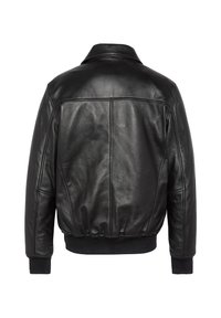 Schwarze Bomberjacke aus Leder mit geripptem Bund, glatter Textur und klassischem Kragen. Mit einer Rückennaht als Designelement und ohne sichtbare Beschläge.