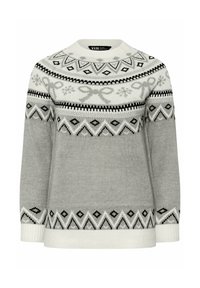 Pull en tricot gris clair avec des motifs géométriques noirs et blancs, col rond, et poignets et ourlet côtelés.