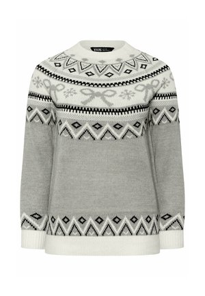 Maglione lavorato a maglia grigio chiaro con motivi geometrici in bianco e nero, collo rotondo e polsini e orlo a coste.