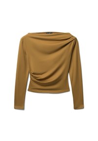 Top a maniche lunghe in giallo senape, con un design drappeggiato, texture morbida e dettagli arricciati di lato. Silhouette liscia e aderente.