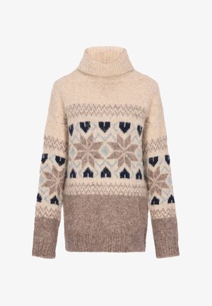 Pulover crem, tricotat, cu guler înalt și un decor în nuanțe de marron, albastru și bej. Prezintă modele geometrice de fulgi de nea și inimi.