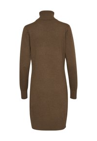 Abito in maglia marrone con colletto alto, maniche lunghe e polsini a coste. Tessuto liscio e design fino al ginocchio.
